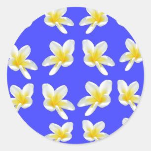 Pegatina Redonda Flores Frangipani Amarillas Sobre Azul,