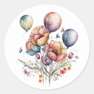 Pegatina Redonda Flores Hermosas y Globos Stickers