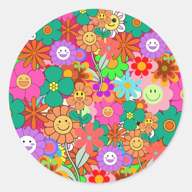 Pegatina Redonda Flores Hippie Retro Groovy Boho (Anverso)