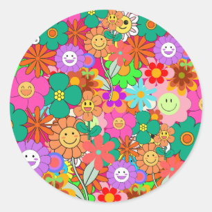 Pegatina Redonda Flores Hippie Retro Groovy Boho