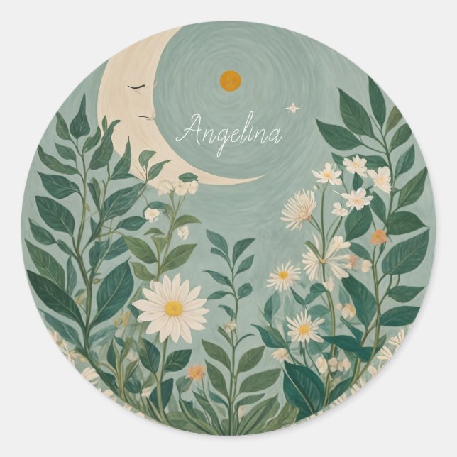 Pegatina Redonda Flores luna iluminadas: flores pasteles y luna cre (Anverso)