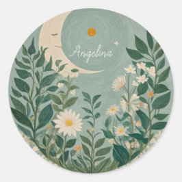 Pegatina Redonda Flores luna iluminadas: flores pasteles y luna cre