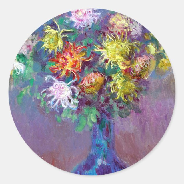 Pegatina Redonda Flores Monet Vase de Chrysantopics (Anverso)