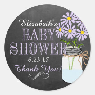 Pegatina Redonda Flores moradas en el Baby Shower de Mason Jar