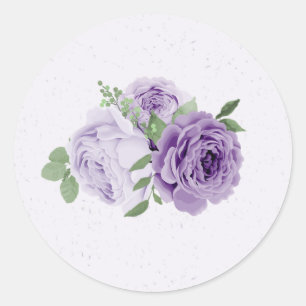 Pegatina Redonda flores moradas románticas hojas verdes botánicas
