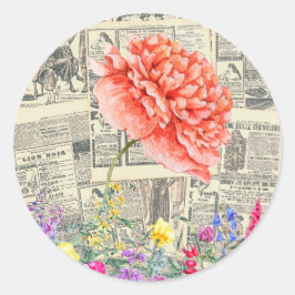 Pegatina Redonda Flores naranjas, acuarela, periódicos antiguos