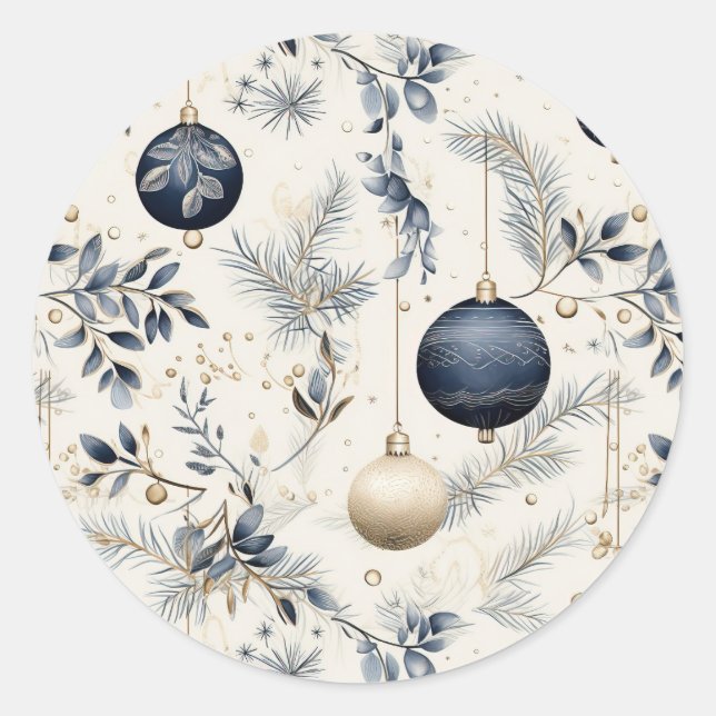 Pegatina Redonda Flores navideñas azules vintage (Anverso)