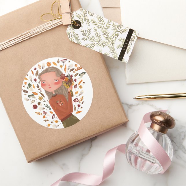 Pegatina Redonda Flores otoñales Chicas y dibujos de hojas (Regalar)