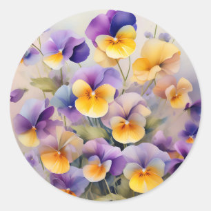 Pegatina Redonda Flores Pansy Delicadas en acuarela suave