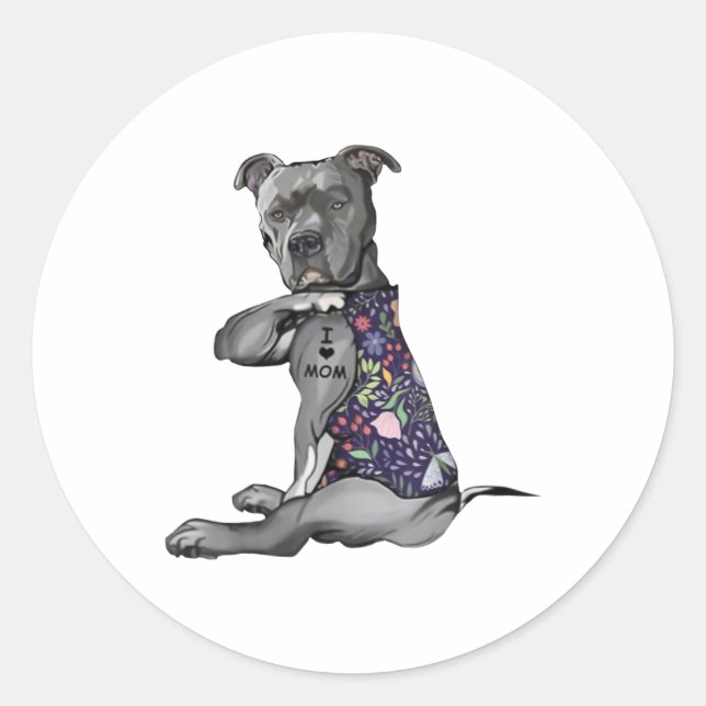 Pegatina Redonda Flores Pitbull - Amo A Mamá Hippie Perro Pitbull T (Anverso)