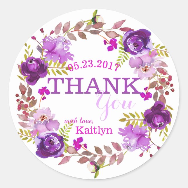Pegatina Redonda Flores Púrpura Acuarela Floral Wreath Gracias (Anverso)