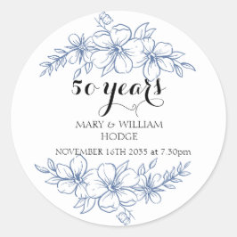 Pegatina Redonda Flores púrpura de lavanda aniversario de bodas núm