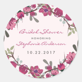 Pegatina Redonda Flores púrpura modernas y ducha de novias con tipo