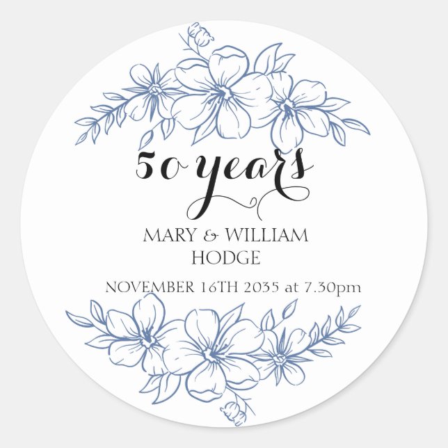 Pegatina Redonda Flores púrpuras de lavanda aniversario de bodas nú (Anverso)