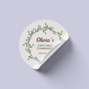 Pegatina Redonda Flores púrpuras Primera comunión