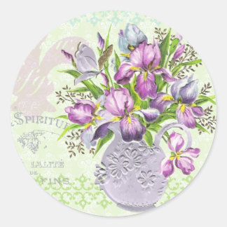 Pegatina Redonda Flores púrpuras vintage de Shabby Green