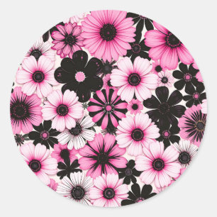 Pegatina Redonda Flores retro en rosa y negro