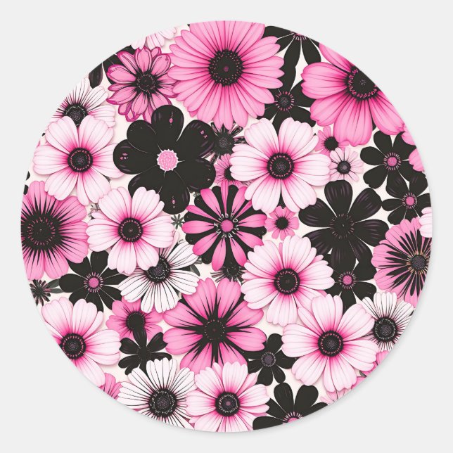 Pegatina Redonda Flores retro en rosa y negro (Anverso)