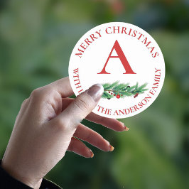 Pegatina Redonda Flores rojas curas Berries Monograma Feliz Navidad