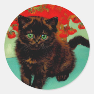 Pegatina Redonda Flores rojas de gato negro Van Gogh