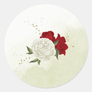 Pegatina Redonda flores rojas hojas verdes boda