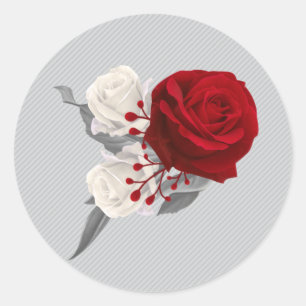 Pegatina Redonda flores rojas y blancas hojas grises