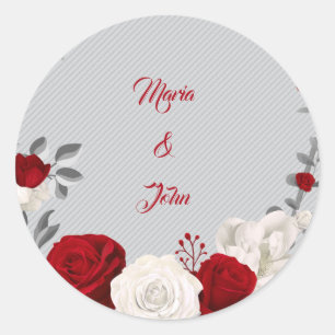 Pegatina Redonda flores rojas y blancas hojas grises