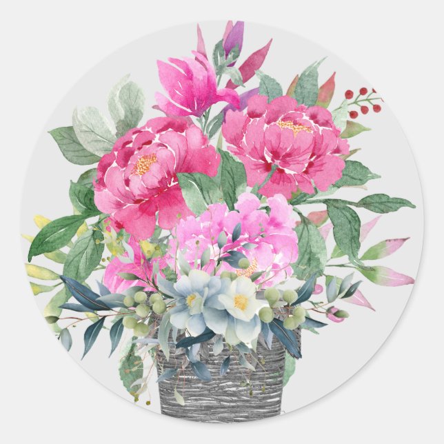 Pegatina Redonda Flores rosadas bonitas en una cesta (Anverso)