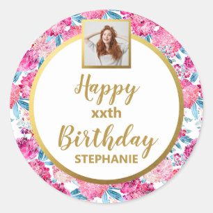 Pegatina Redonda Flores Rosadas Chic, Foto Personalizada, Feliz Cum