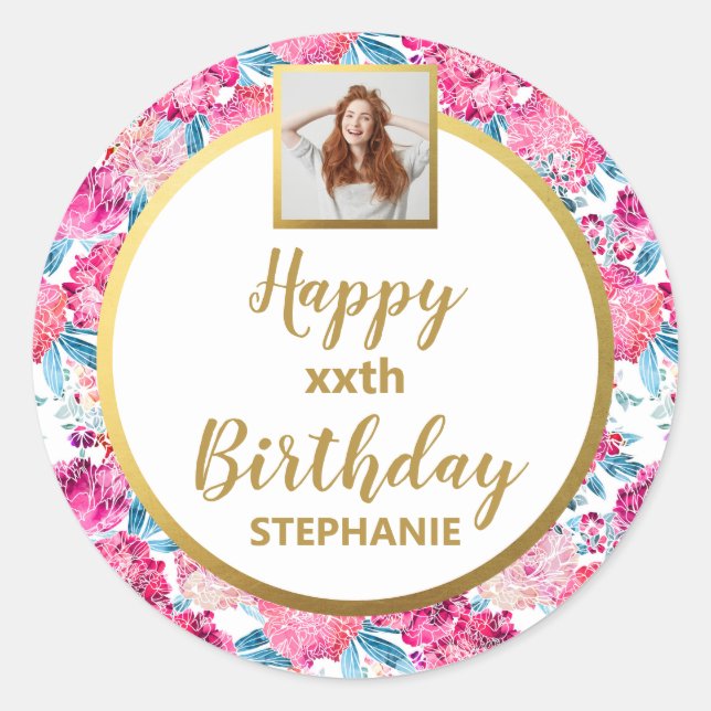 Pegatina Redonda Flores Rosadas Chic, Foto Personalizada, Feliz Cum (Anverso)