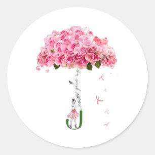 Pegatina Redonda Flores rosadas Cinta Lucha contra el cáncer de mam