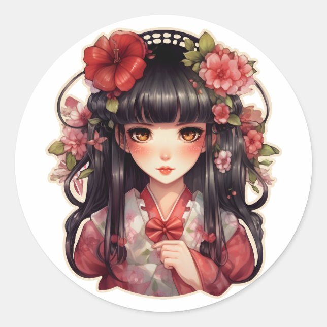 Pegatina Redonda Flores rosadas de chica anime (Anverso)