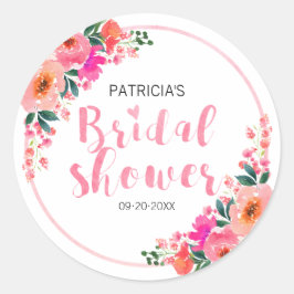 Pegatina Redonda Flores rosadas de color de agua rustica ducha de n