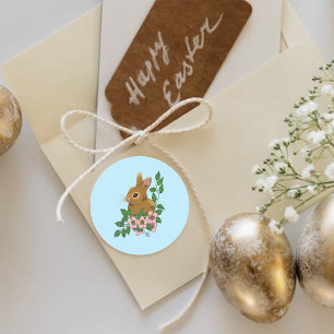 Pegatina Redonda Flores rosadas de conejo conejo conejo