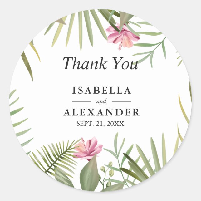 Pegatina Redonda Flores rosadas exóticas (Anverso)