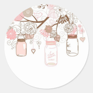 Pegatina Redonda Flores rosadas Mason Jars Country