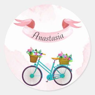 Pegatina Redonda Flores rosadas modernas en bicicleta