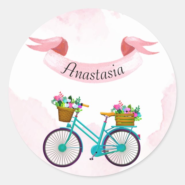 Pegatina Redonda Flores rosadas modernas en bicicleta (Anverso)