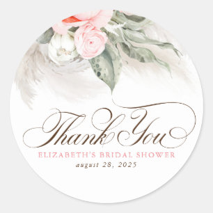 Pegatina Redonda Flores Rosadas Pampas Grass Boho Gracias