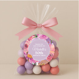 Pegatina Redonda Flores rosadas púrpuras fiesta de cumpleaños númer