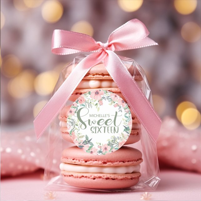 Pegatina Redonda Flores Rosadas Rubor Hojas Verde Salvia Dulces 16 (Blush pink watercolor floral Sweet 16 party favor sticker )