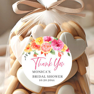 Pegatina Redonda Flores rosas brillantes rodaja de cítrico despedid