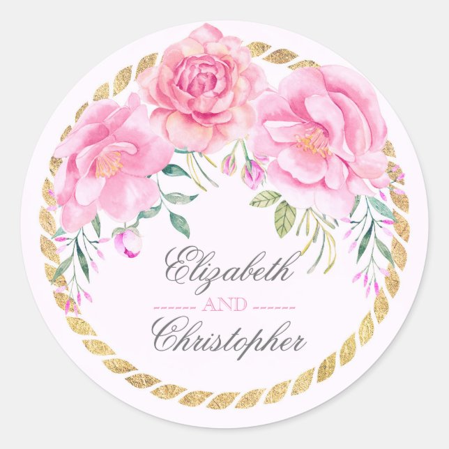 Pegatina Redonda Flores rosas Elegantes acuarelas Boda de envolvimi (Anverso)