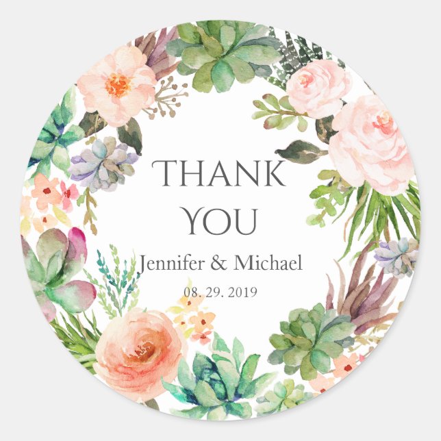 Pegatina Redonda Flores rosas Verde azuladas Verde Suculento Boda d (Anverso)