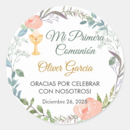 Pegatina Redonda Flores rosas y cáliz Primera comunión