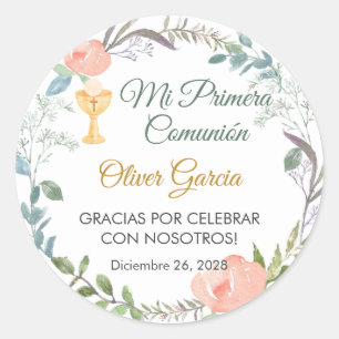 Pegatina Redonda Flores rosas y cáliz Primera comunión