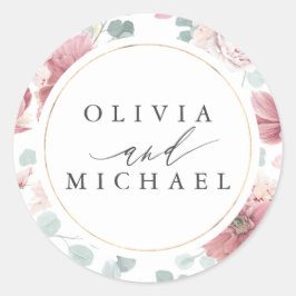 Pegatina Redonda Flores Rosas y una elegante boda con marco dorado