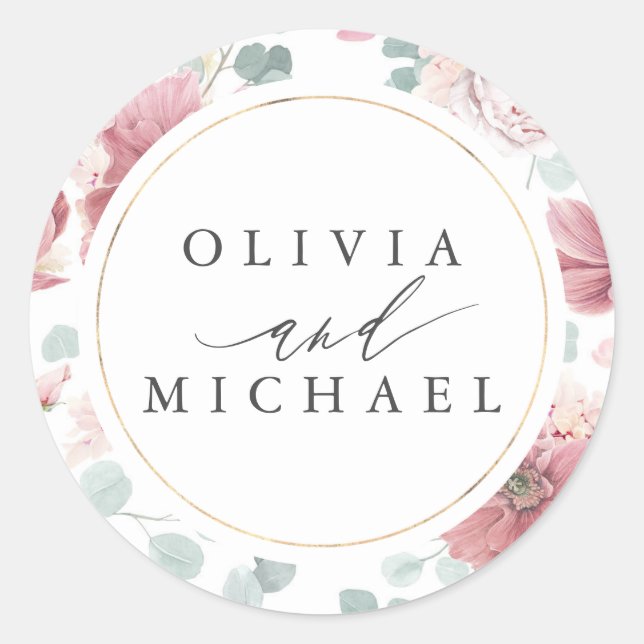 Pegatina Redonda Flores Rosas y una elegante boda con marco dorado (Anverso)