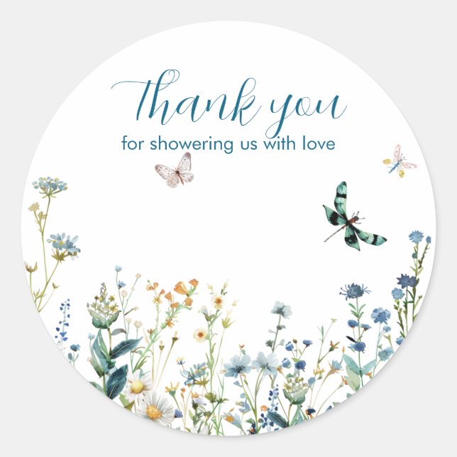 Pegatina Redonda Flores salvajes azules y verdes gracias (Anverso)
