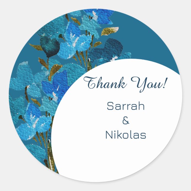 Pegatina Redonda Flores salvajes de color azul elegante (Anverso)